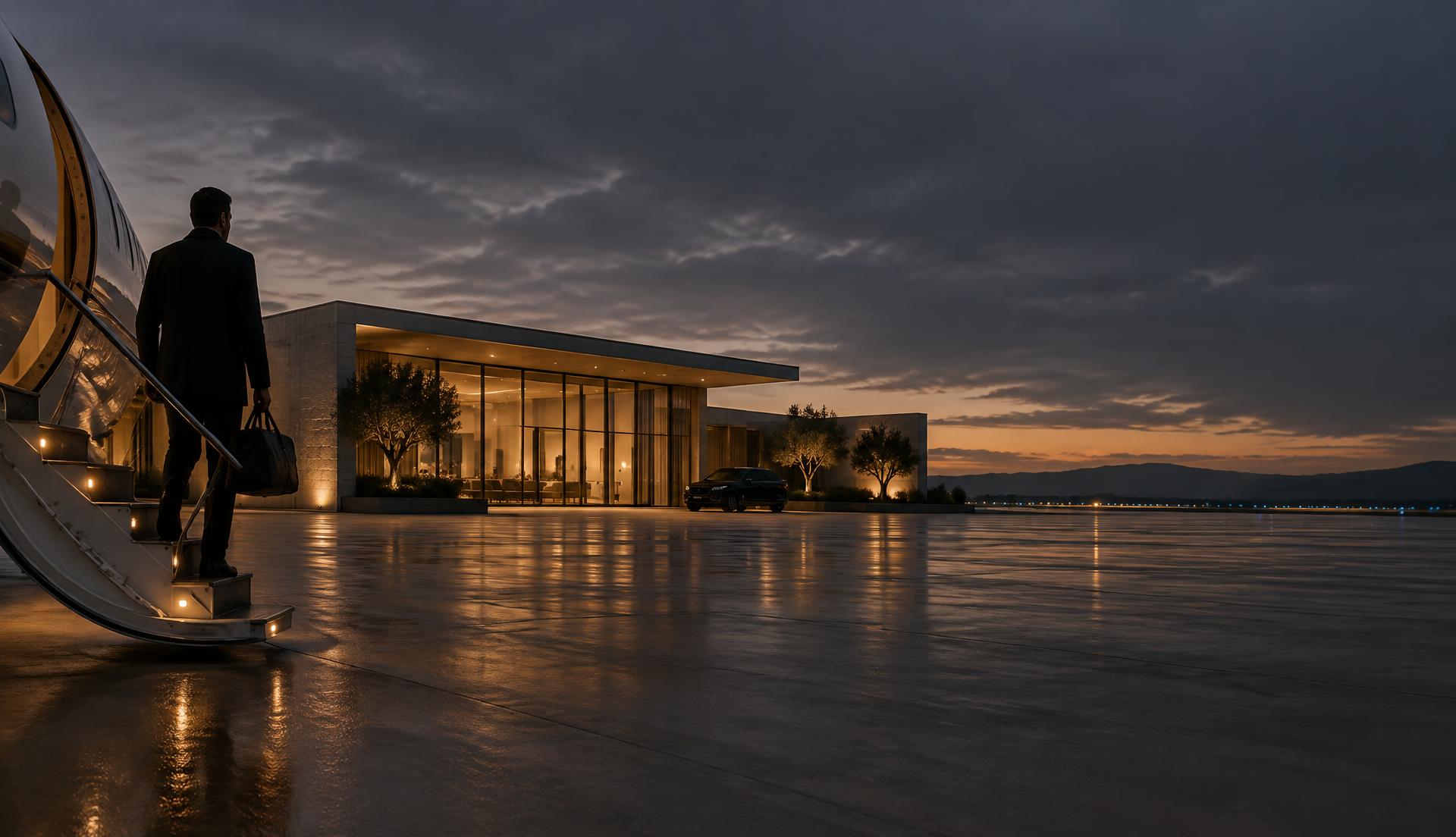 A traveler arriving at a private terminal at dusk