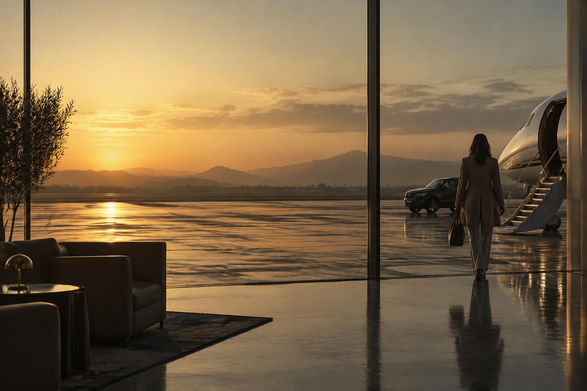 Traveler approaching an aircraft at sunrise